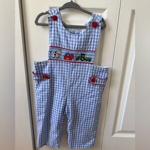Boys The Smocking Bug romper Blue Gingham Tractor Cow Barn Farm 24m Overalls